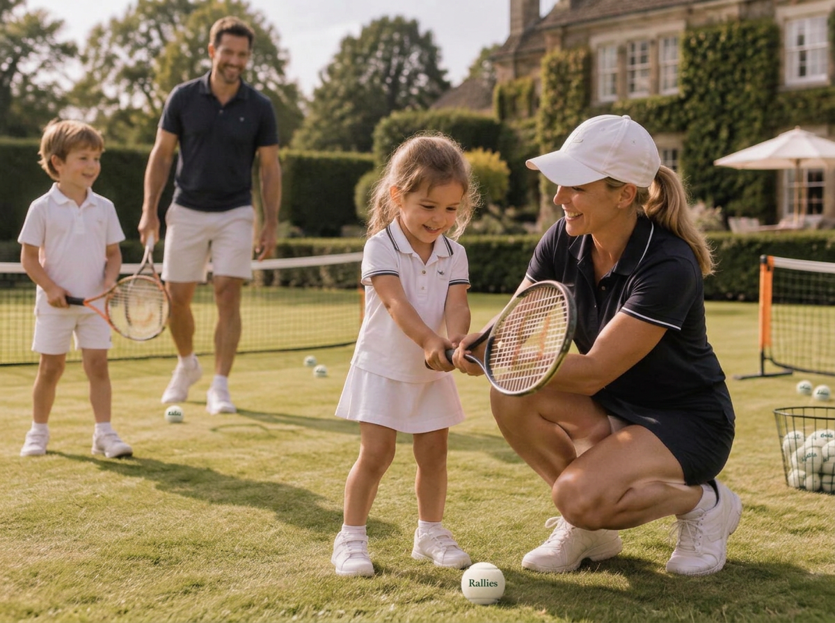 A coach helping a young girl on a grass court while her family watches