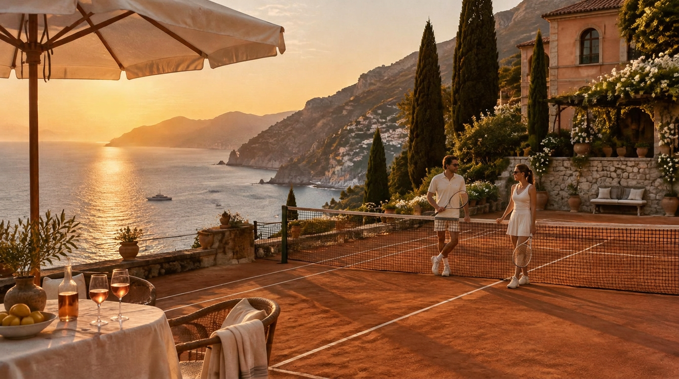 Clay court on a Mediterranean terrace at golden hour