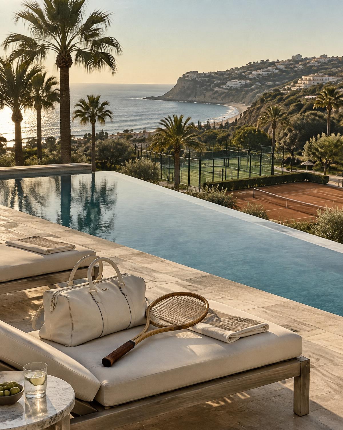 Resort pool overlooking padel and clay courts by the sea